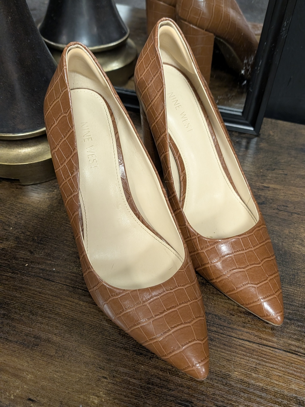 Nine West Brown Croc-Embossed Pointed Toe Pumps